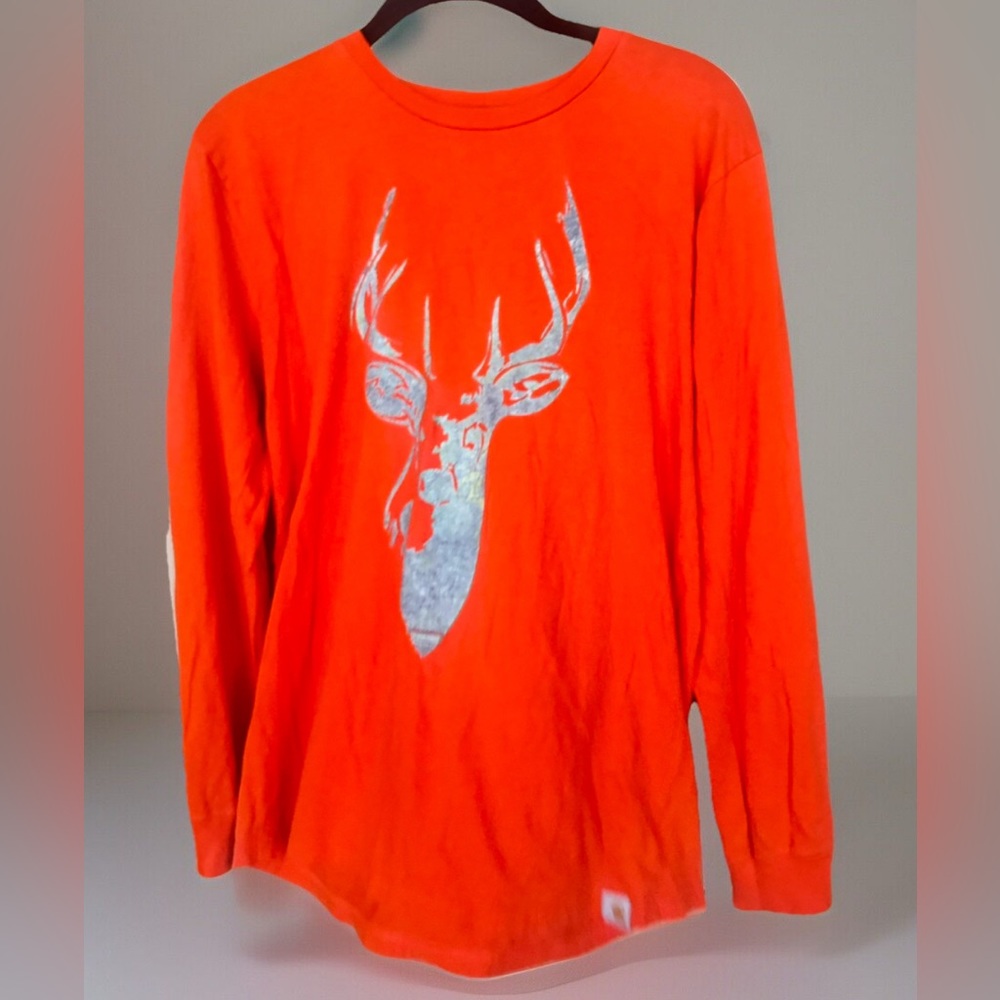 Carhartt Boys Long Sleeve Crew Neck Orange Shirt Camo Deer Logo XL (18/20)